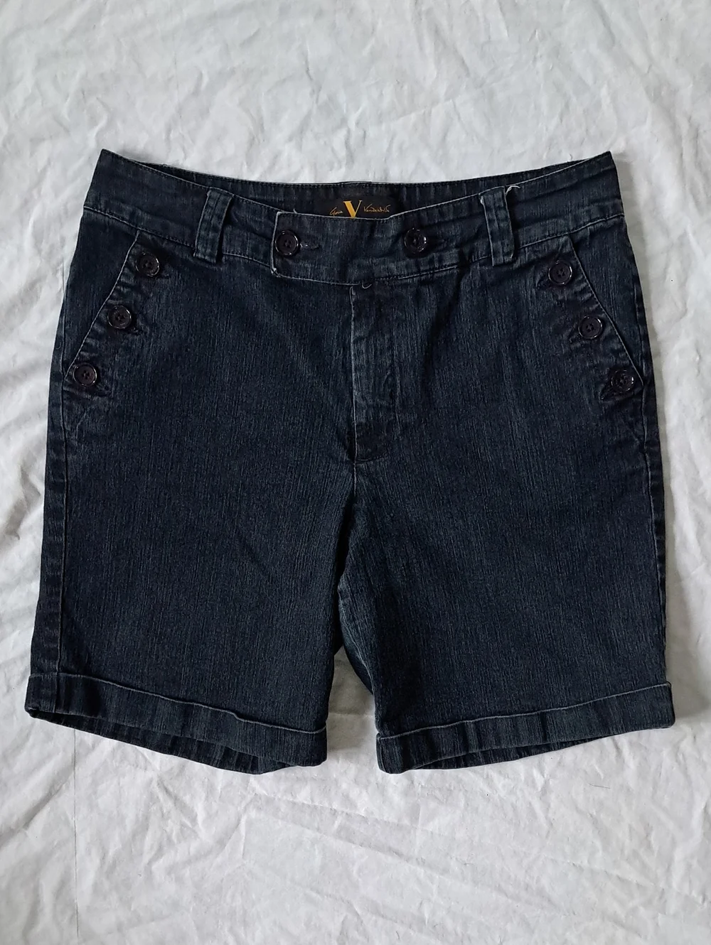 Indigo Dark Wash Button-Accent Denim Bermuda Shorts Chic Preppy Utility Size 12